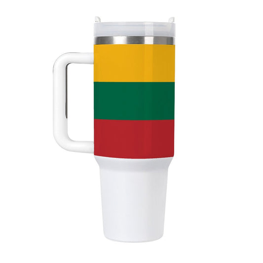 [Brand] mug with Lithuanian flag colors and white handle.