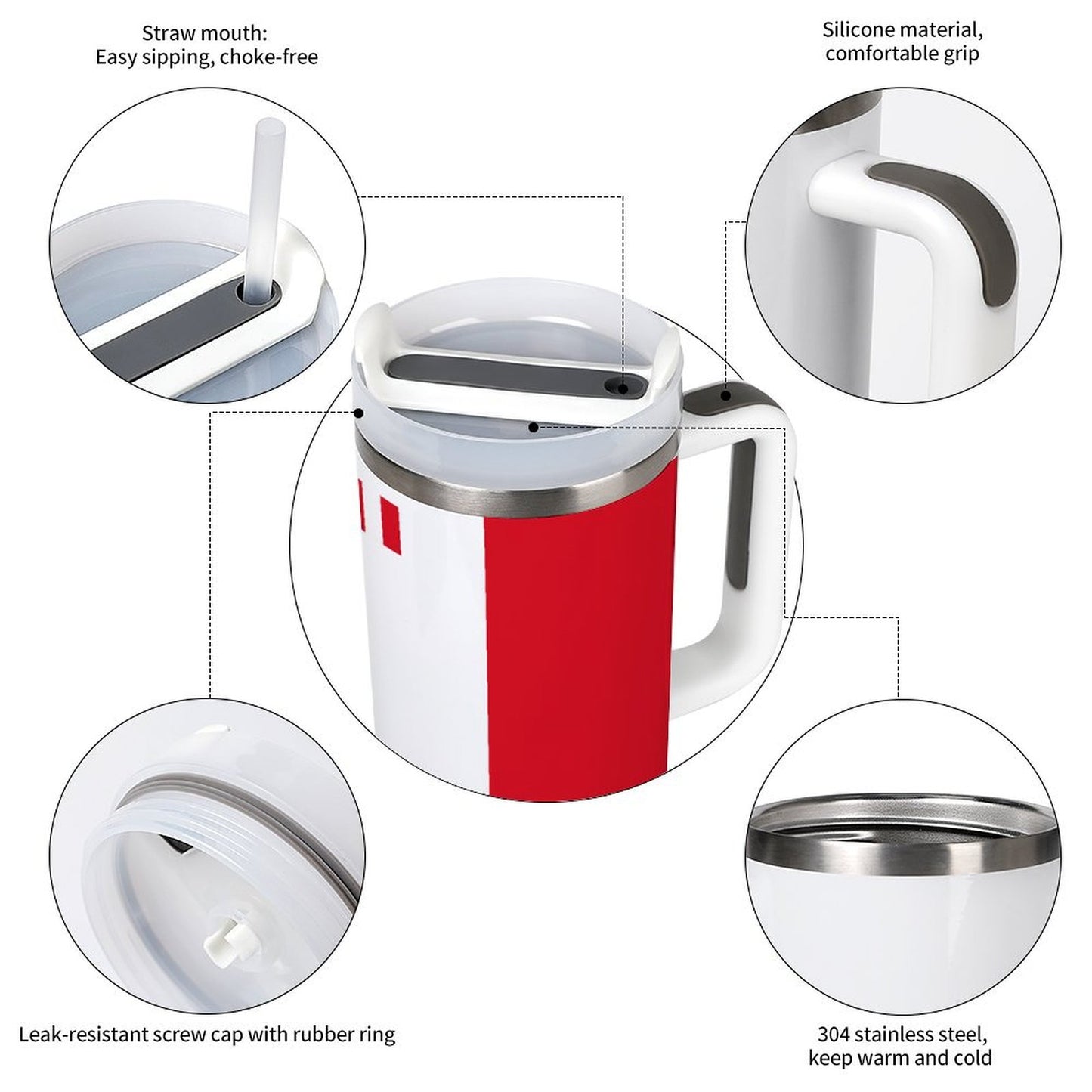 [Brand] insulated mug with straw, silicone grip, stainless steel.