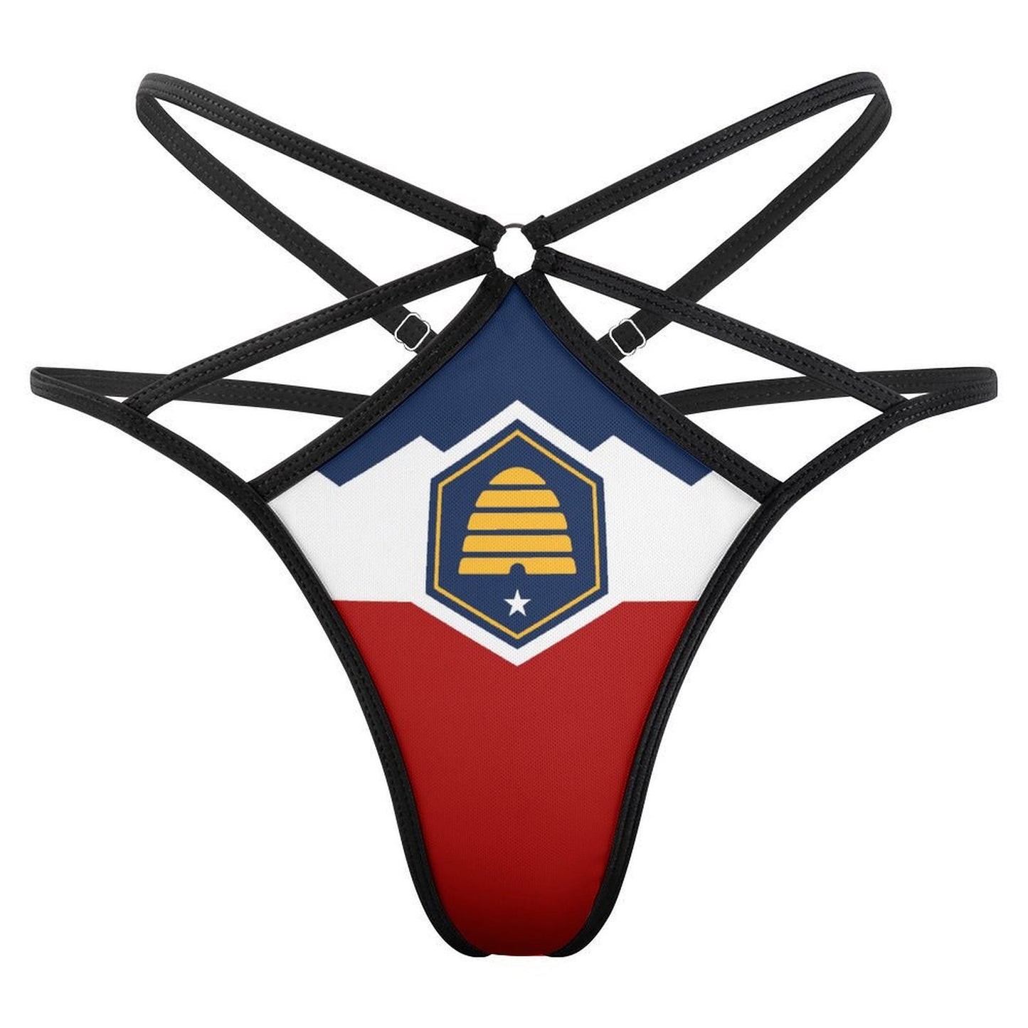 [Brand] swimsuit bottom with beehive design, red white blue.