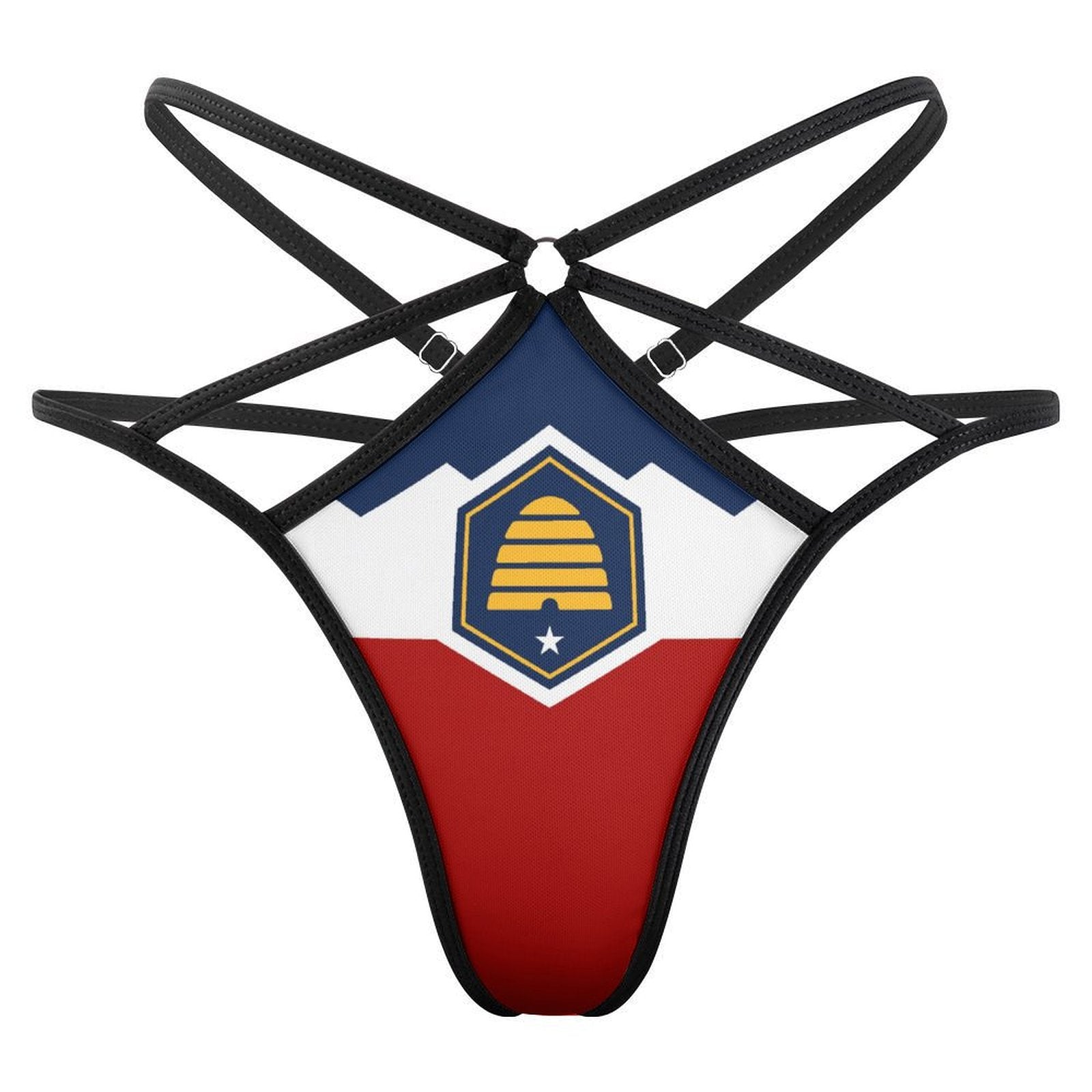 [Brand] swimsuit bottom with beehive design, red white blue.