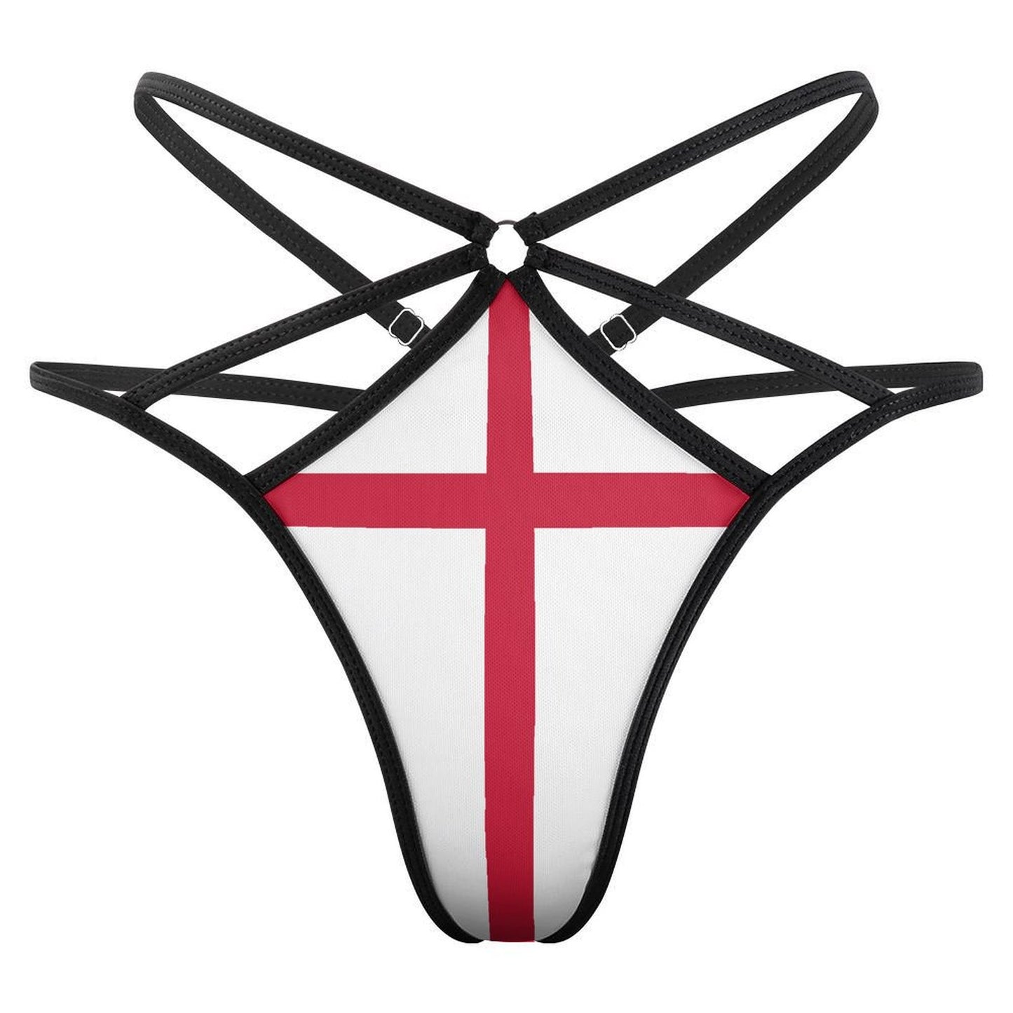 [Brand] strappy bikini bottom featuring England flag design, black straps.