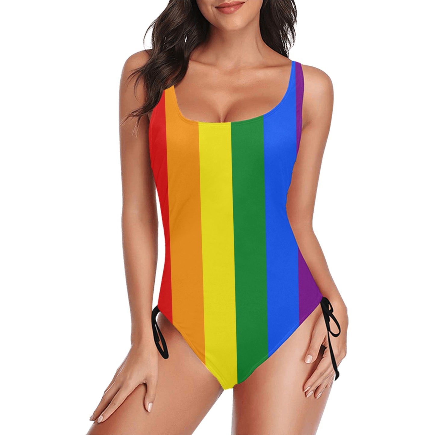 Rainbow Flag Inspired Drawstring Side One-Piece Swimsuit