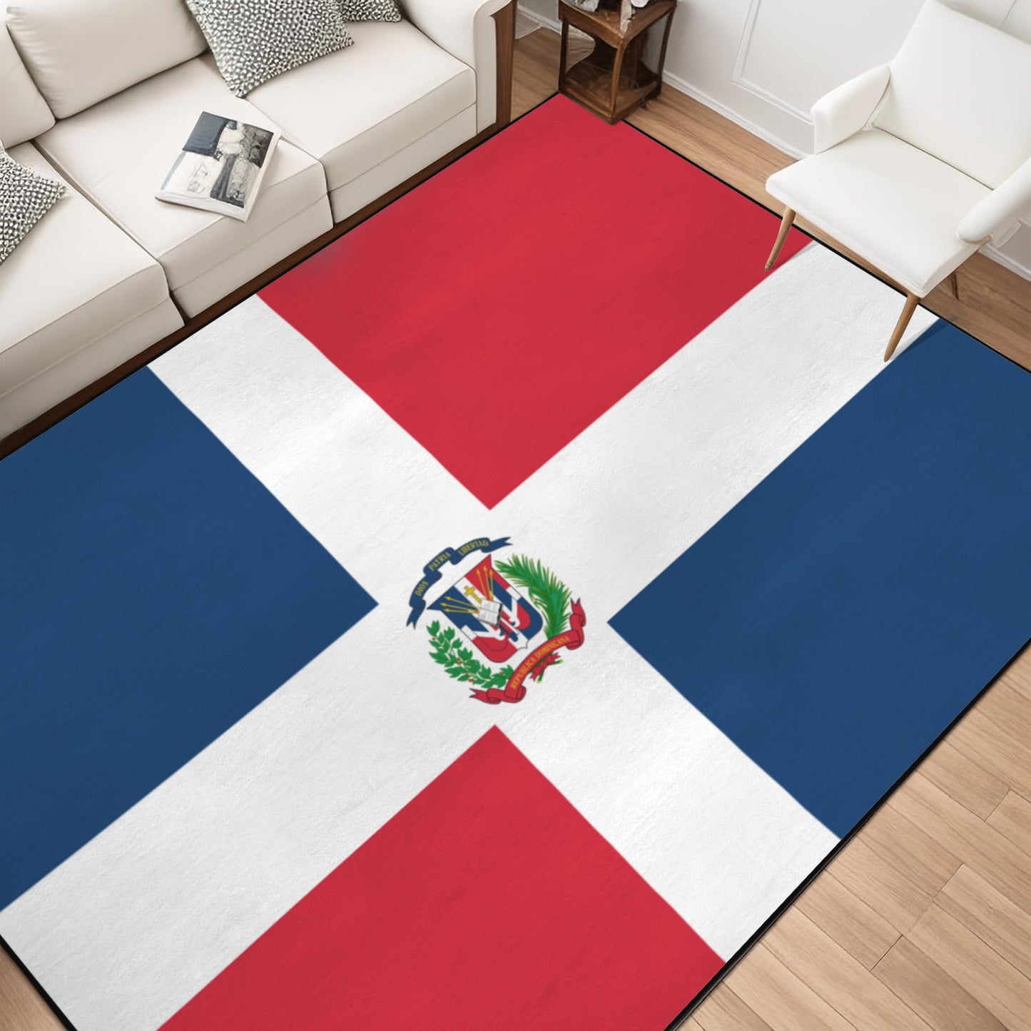 Dominican Republic Flag Inspired 84x60 Inch Area Rug with Black Binding (Made in the USA)