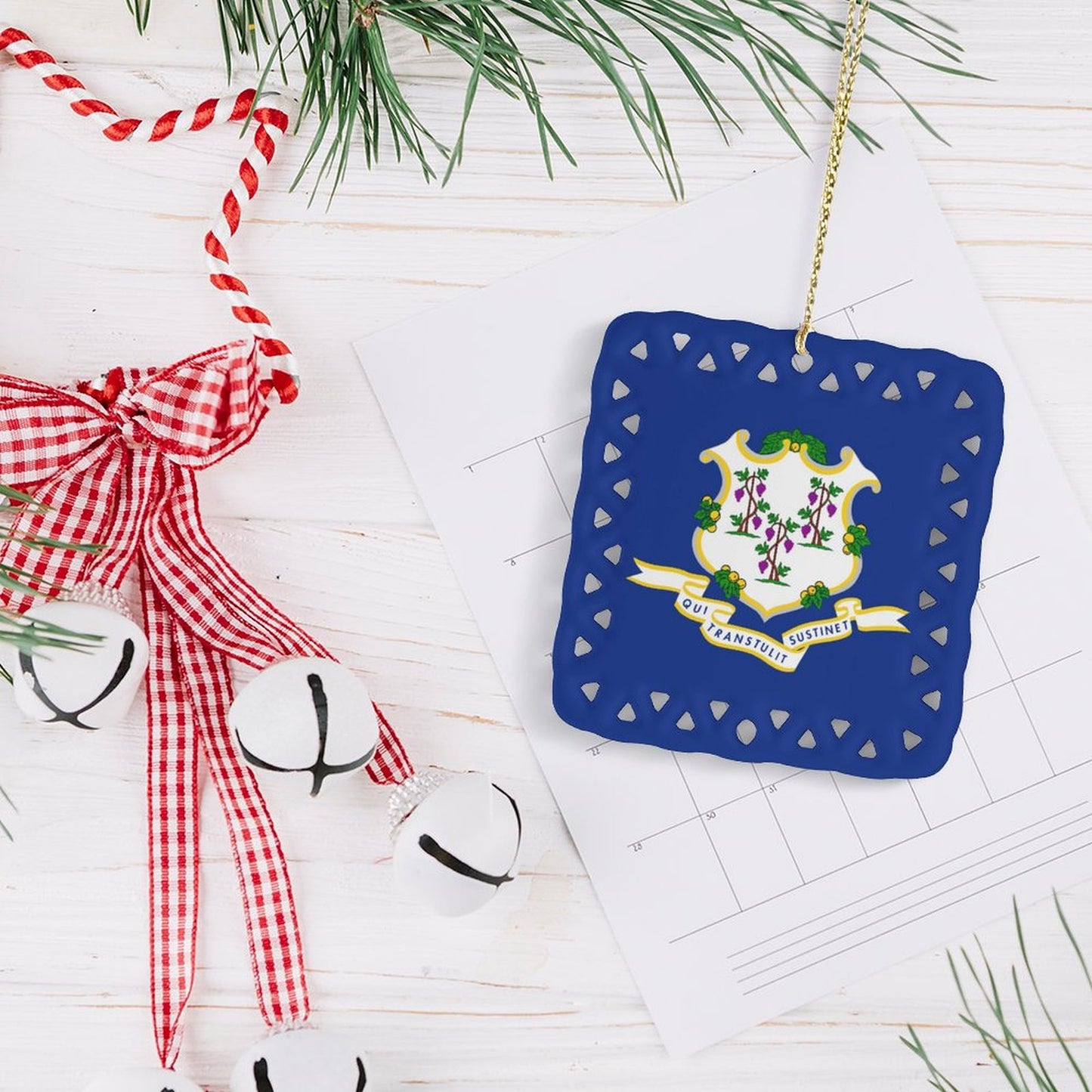 Connecticut Flag Inspired Square Ceramic Ornament Made in the USA
