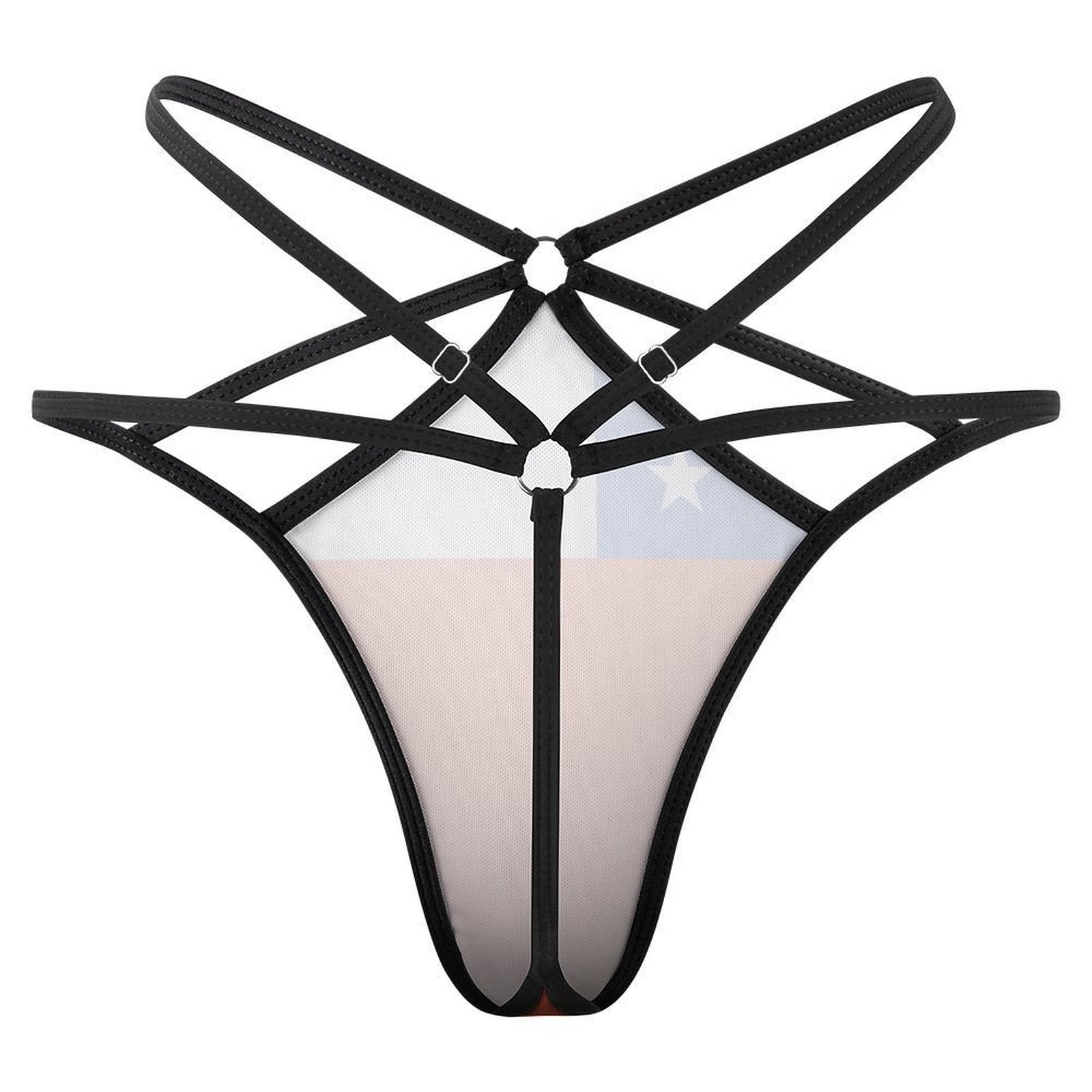Black strappy lingerie with star design, featuring [Brand] logo.