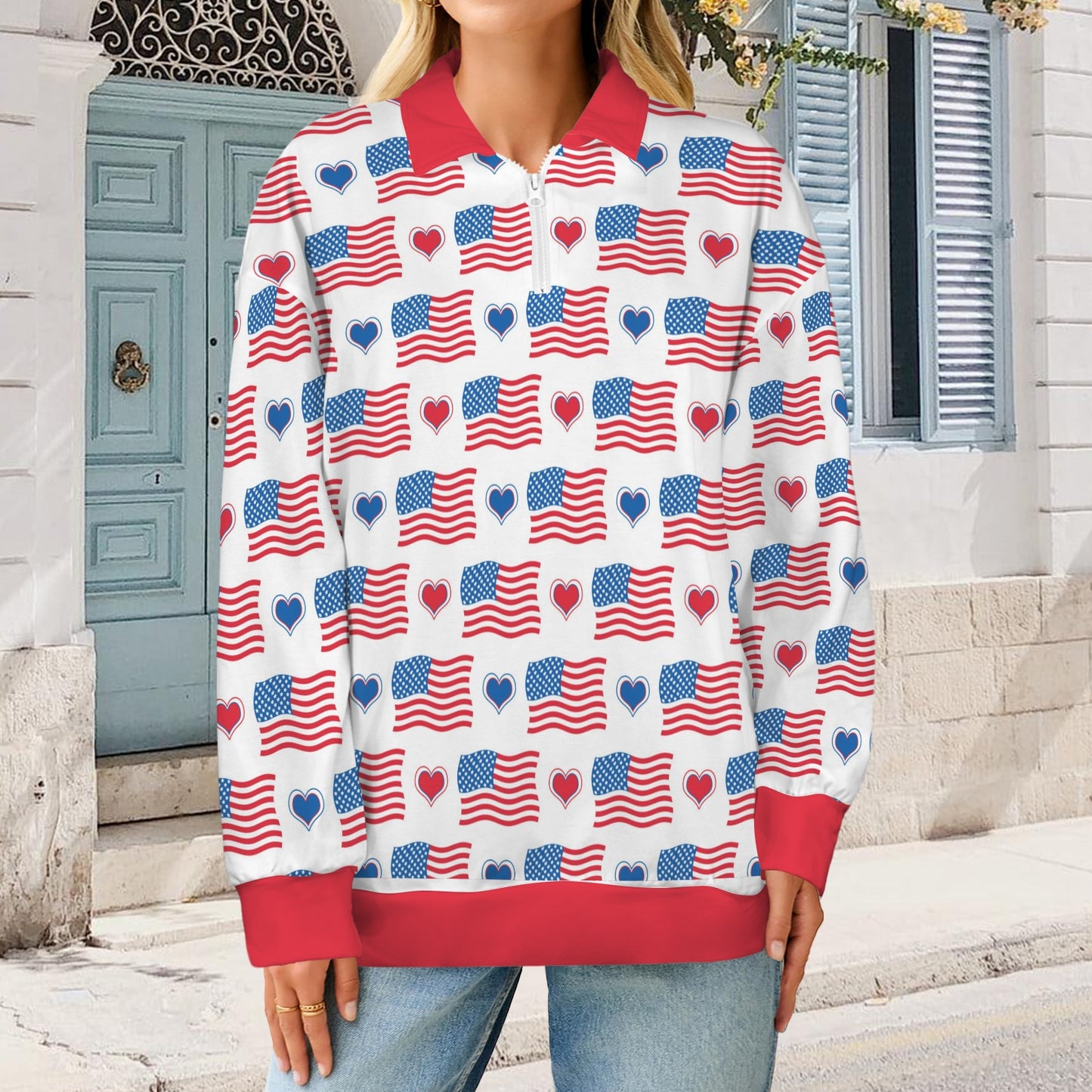 USA/American Flag Pattern Women's Quarter Zip Pullover Sweatshirt