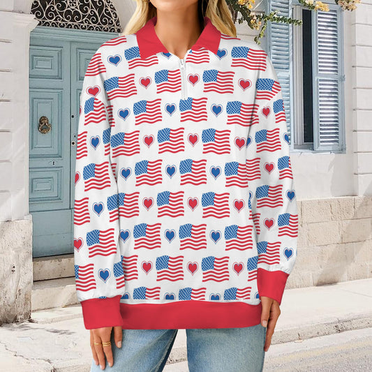 USA/American Flag Pattern Women's Quarter Zip Pullover Sweatshirt