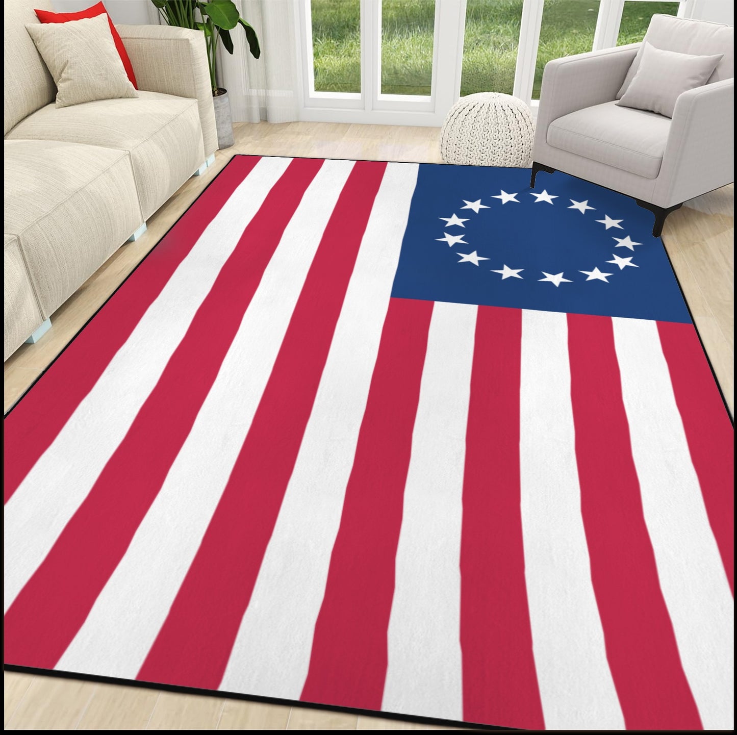 USA/American Betsy Ross Flag Inspired. 84x60 Inch Area Rug with Black Binding (Made in the USA)