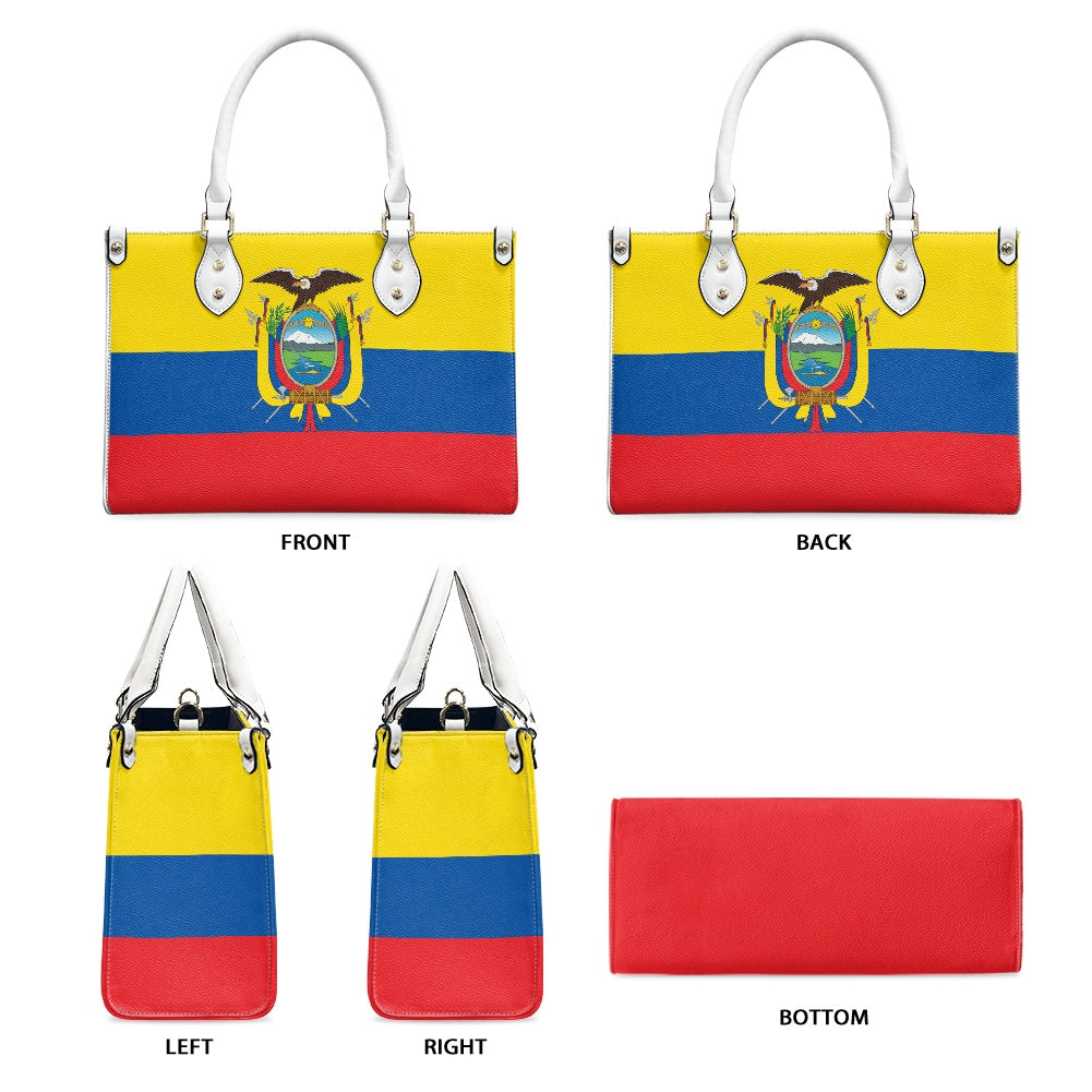 [Brand] handbag with Ecuadorian flag design, various angles shown.
