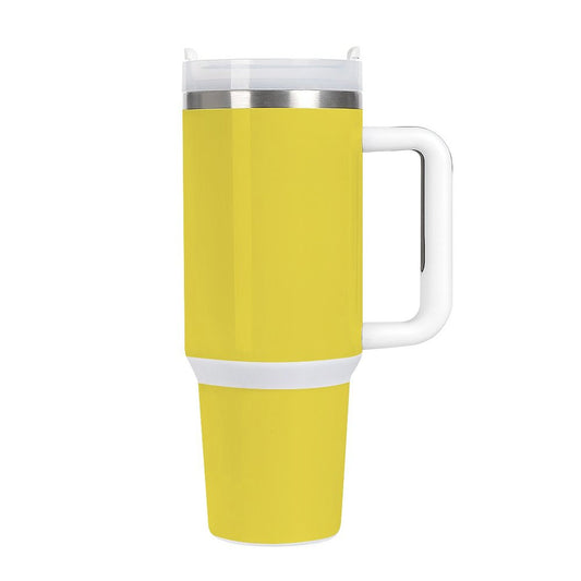 Yellow [Brand] travel mug with white handle and lid.