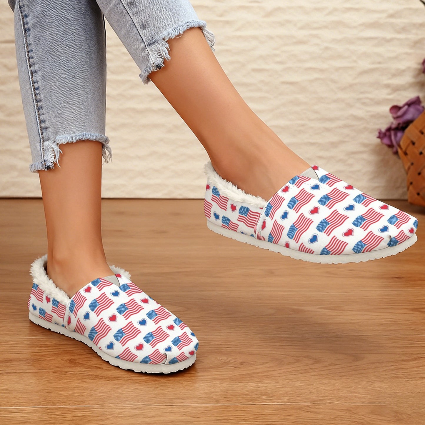 USA/American Flag Inspired Flag and Hearts Pattern Women's Fleece-Lined Canvas Slip-On
