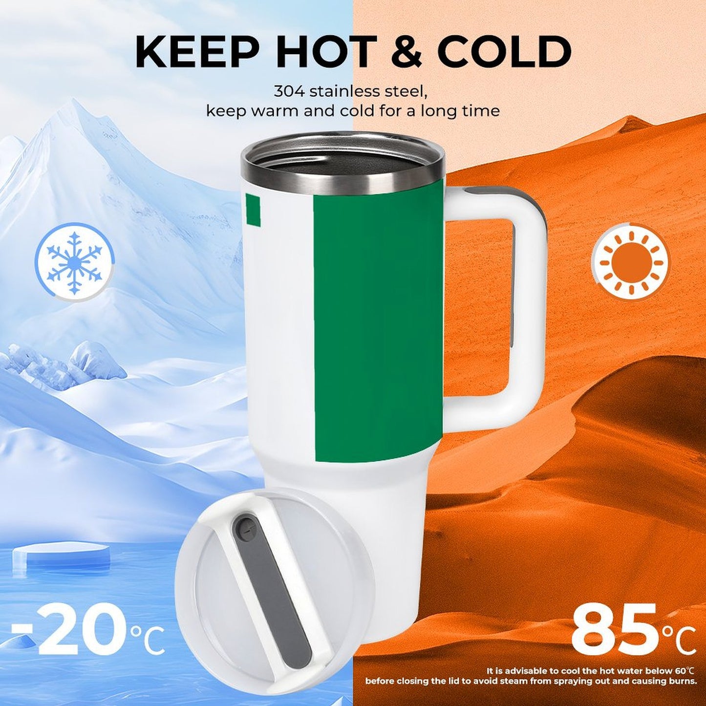 [Brand] thermal mug for hot and cold temperatures, stainless steel.