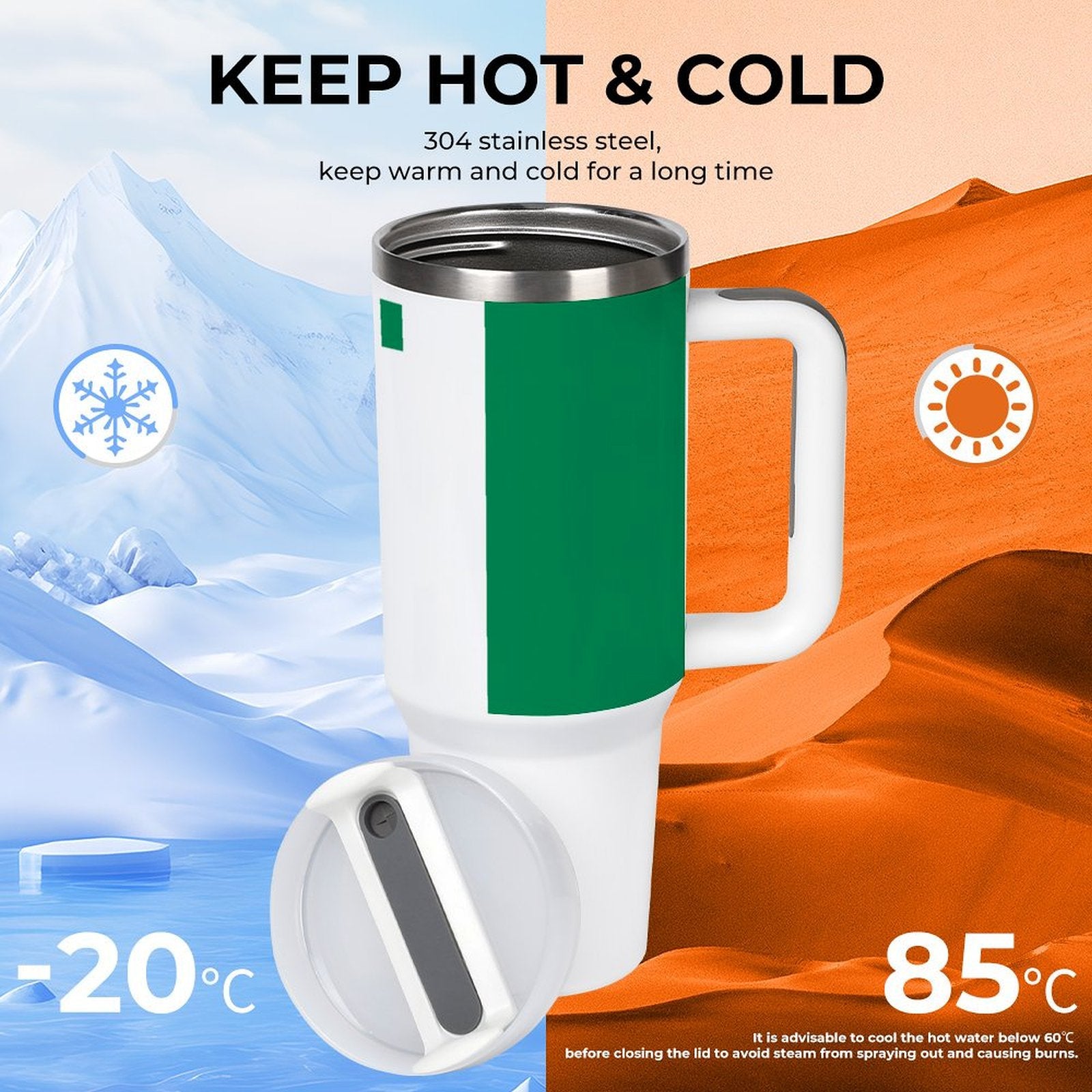 [Brand] thermal mug for hot and cold temperatures, stainless steel.
