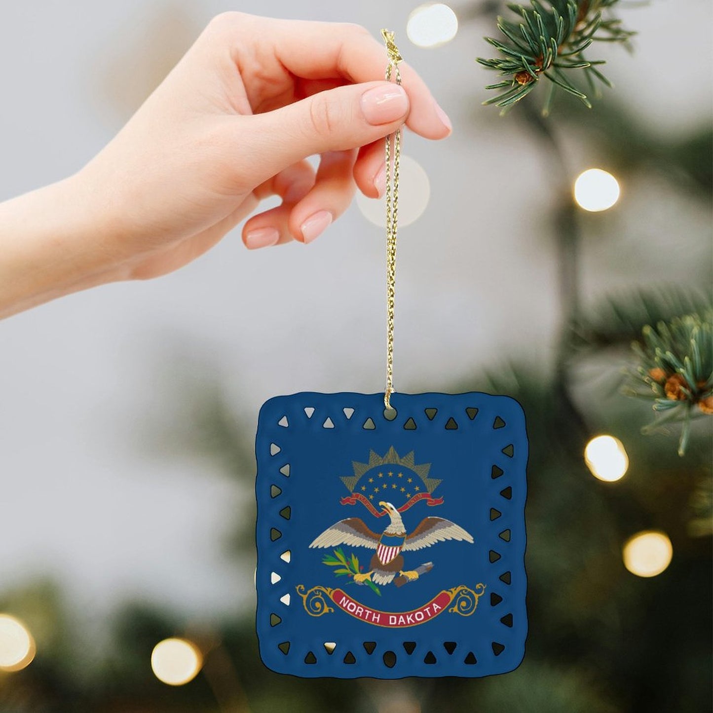 North Dakota Flag Inspired Square Ceramic Ornament Made in the USA