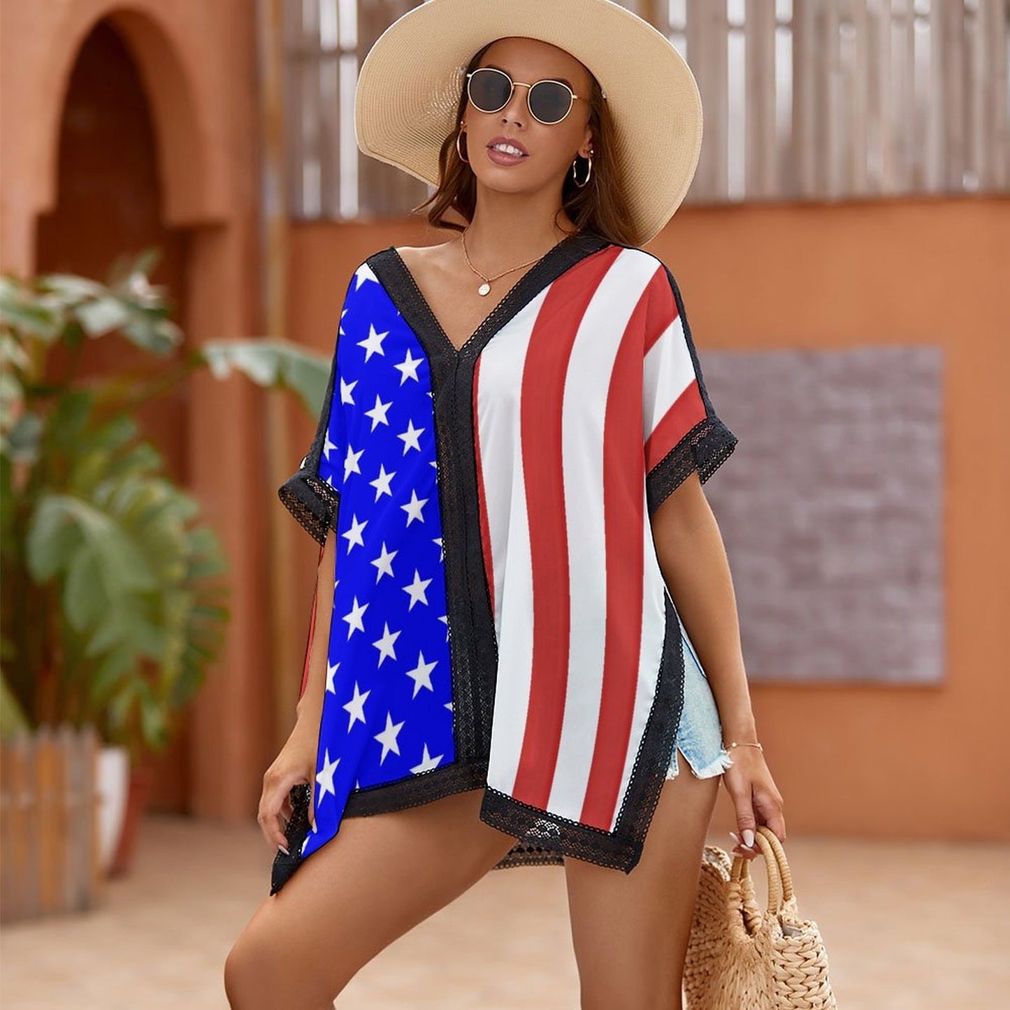 USA/American Flag Inspired Style-1 Custom Women's Beach Swim Cover Up