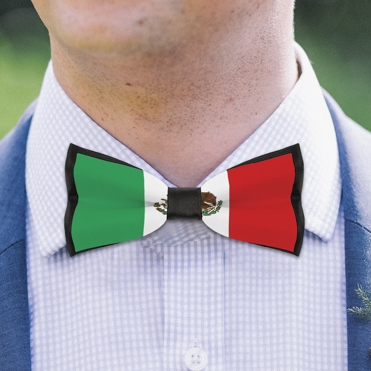 Close-up of person wearing [Brand] Mexican flag bow tie.