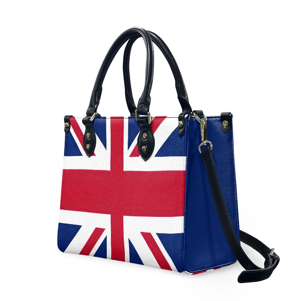 Leather handbag featuring a Union Jack design by [Brand].
