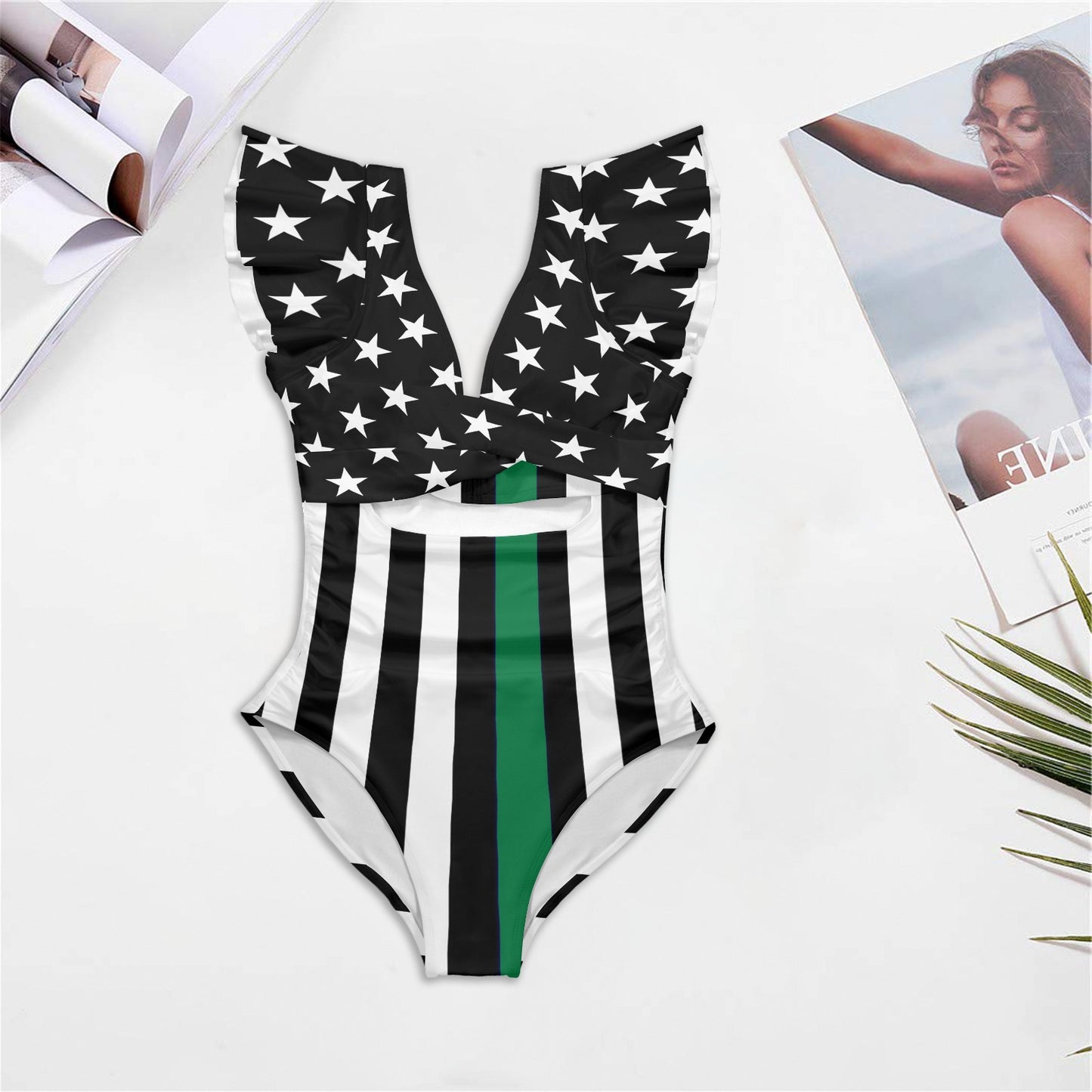 Thin Green Line Flag Inspired Women's Twist Front Ruffle Sleeve Swimsuit