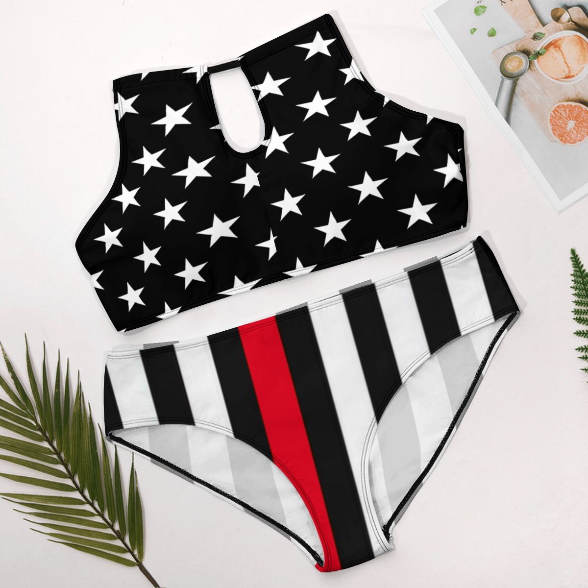 Thin Red Line Flag Inspired Plus Size High Waisted Bikini