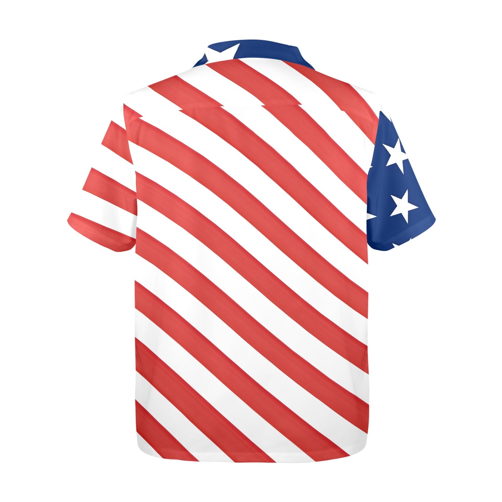 [Brand] American flag-themed shirt with stars and stripes pattern.