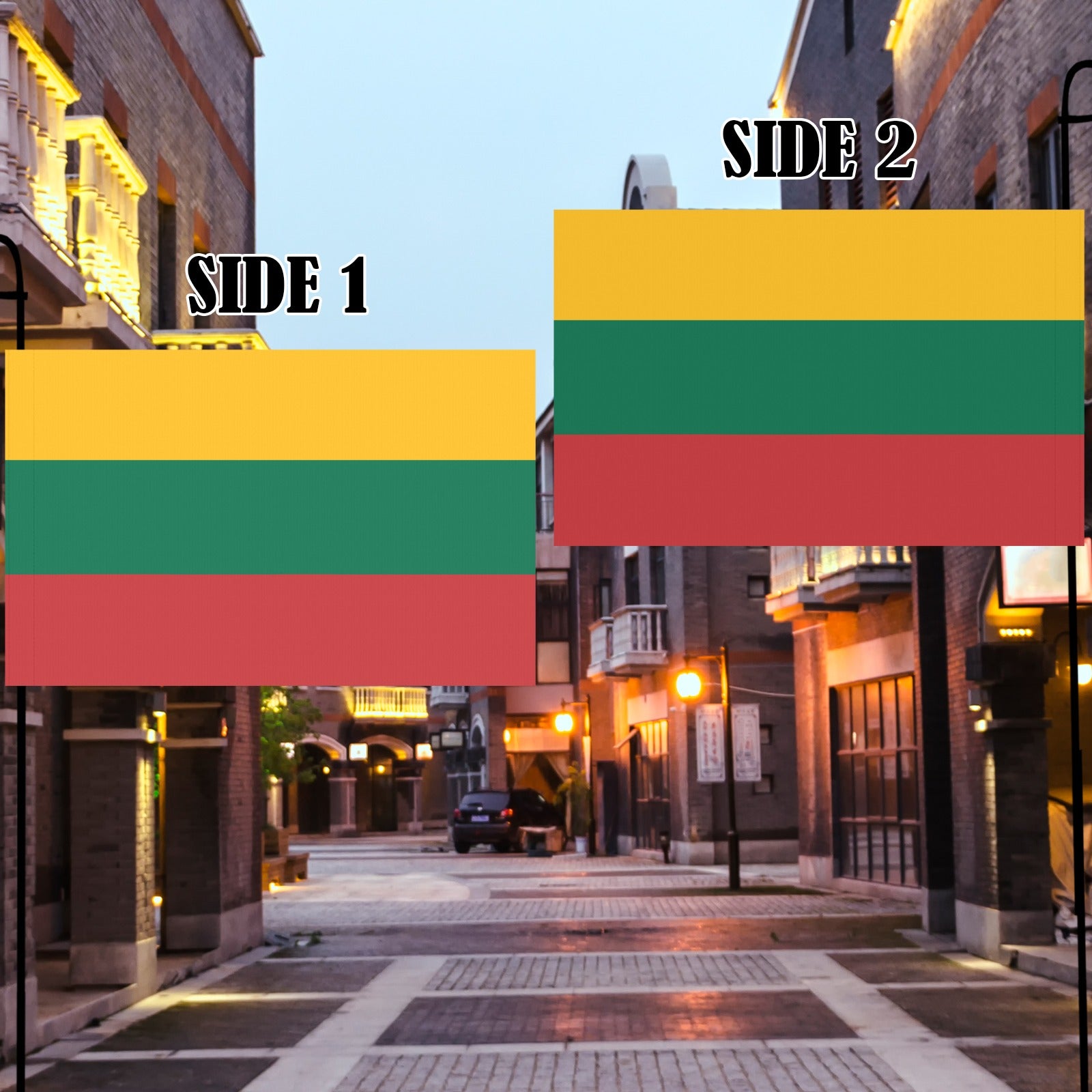 Street lined with Luv My Flag Lithuanian flags, evening lights.