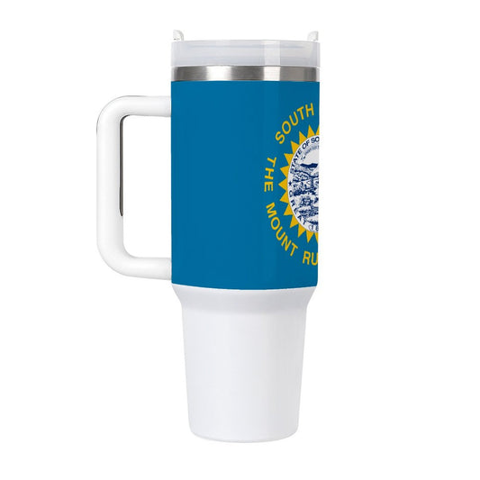White and blue [Brand] travel mug with state emblem.