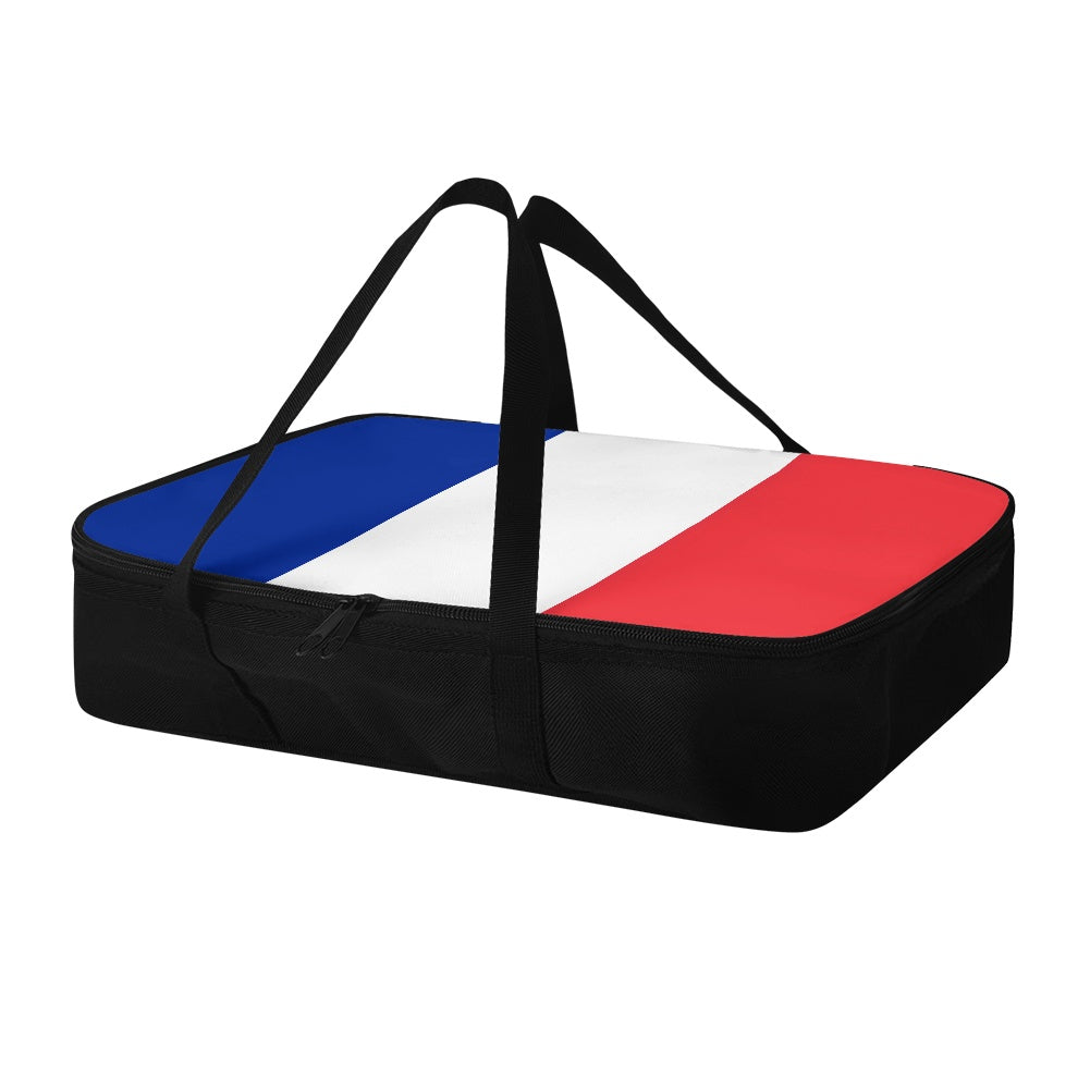 [Brand] insulated casserole carrier with French flag design lid.