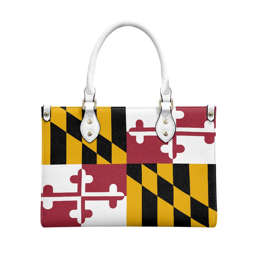 [Brand] bag featuring Maryland flag design with white handles.