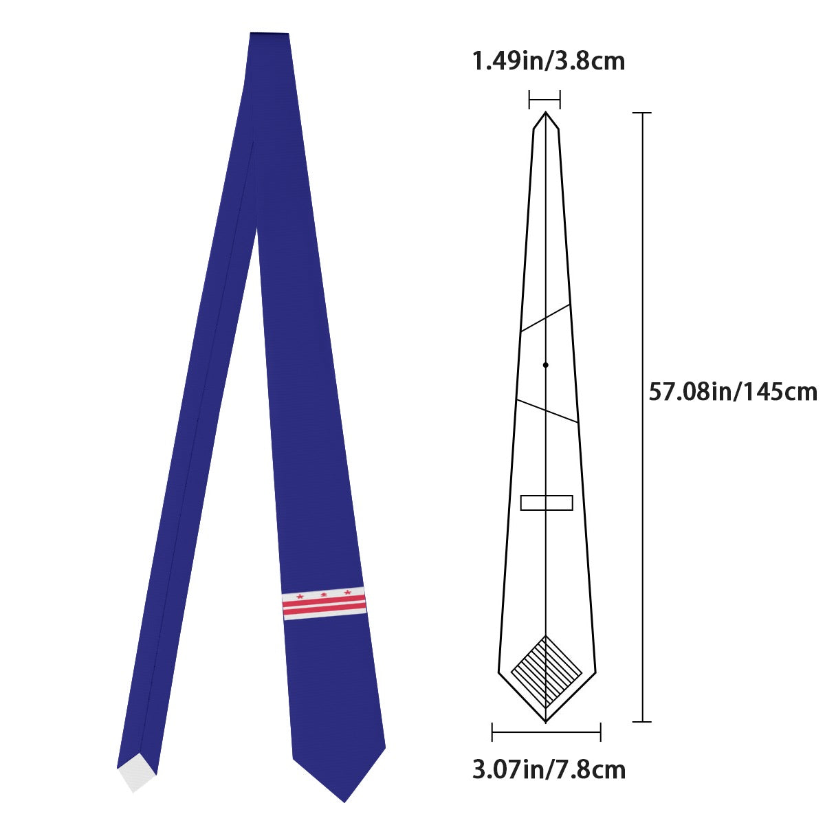 Blue [Brand] tie with measurements and red striped design.