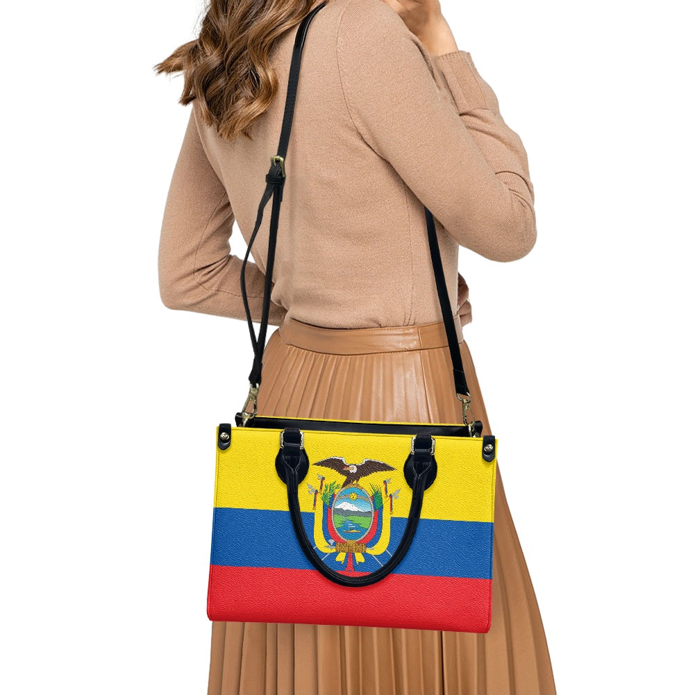 Woman carrying [Brand] handbag with Ecuadorian flag design.