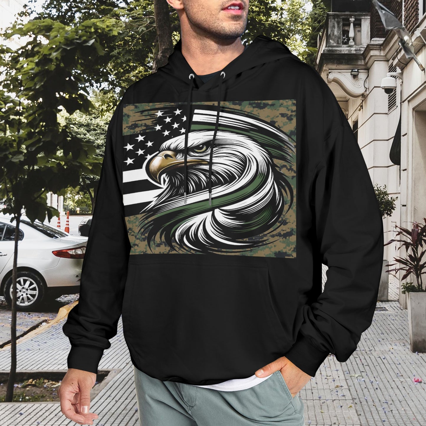 Thin Green Line Flag Inspired Eagle Men's Hoodie (Made in the USA)