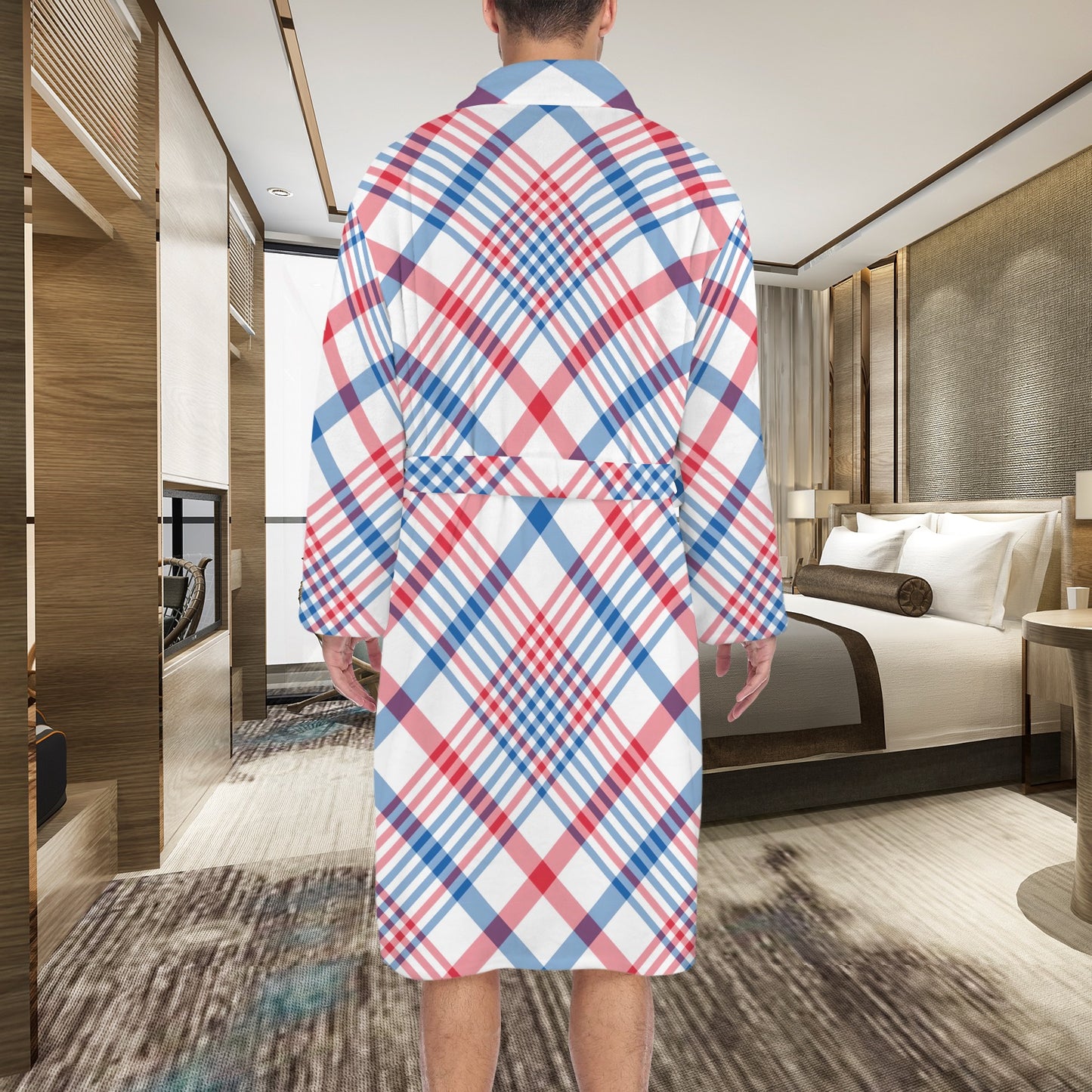 Person in [Brand] plaid robe stands in luxurious bedroom.