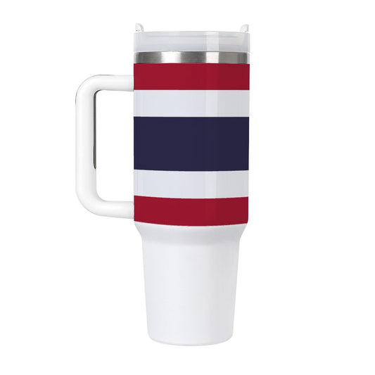 [Brand] tumbler with handle, featuring red, white, blue stripes.