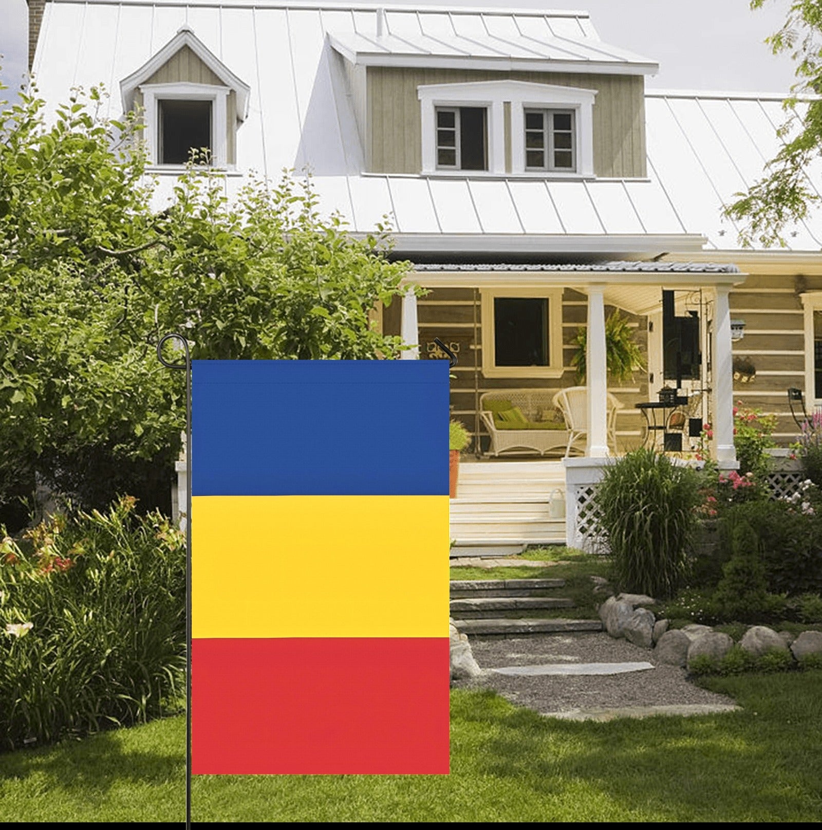 [Luv My Flag] vertical flag in vibrant garden setting.