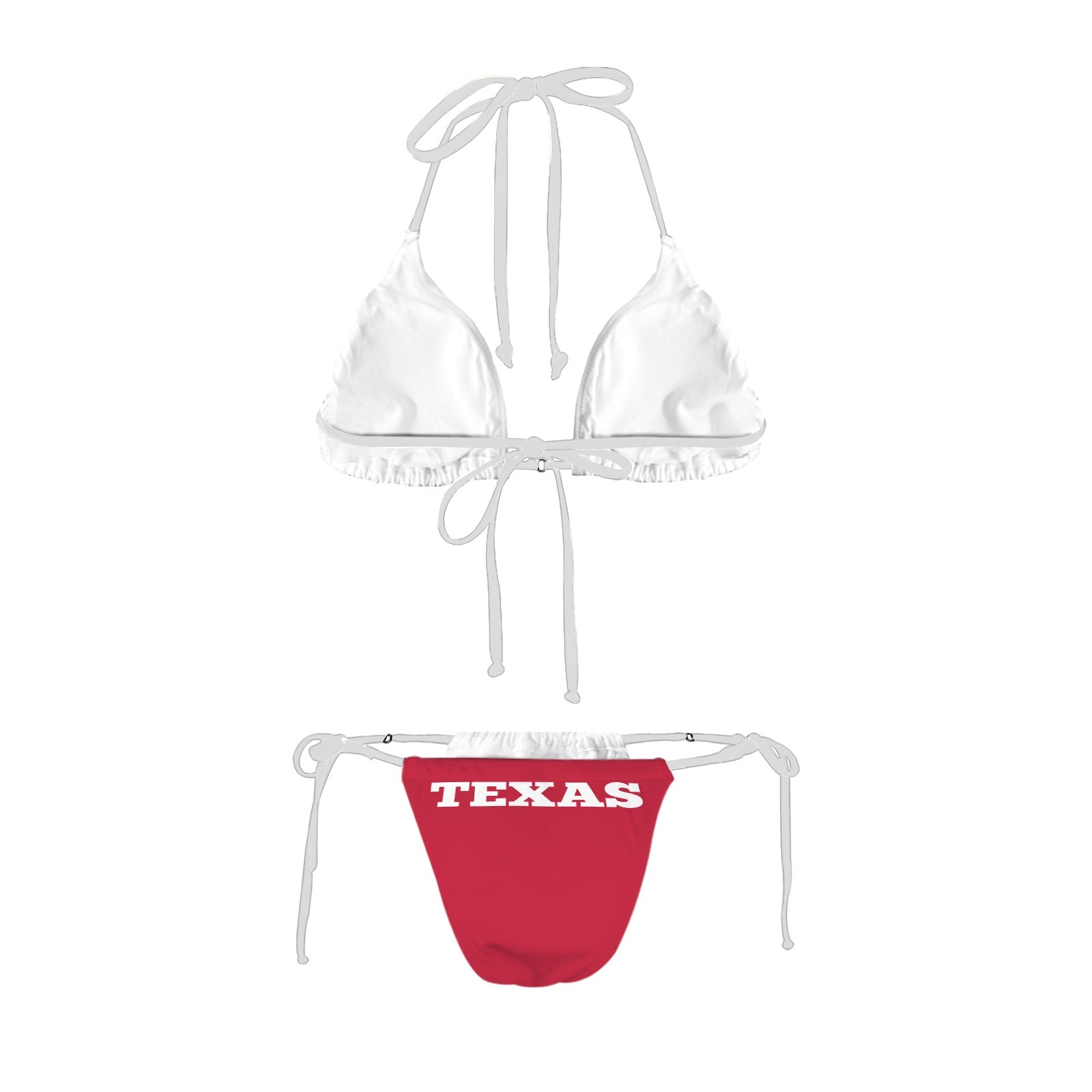 White bikini top, red bottoms with "TEXAS" text, [Luv My Flag].