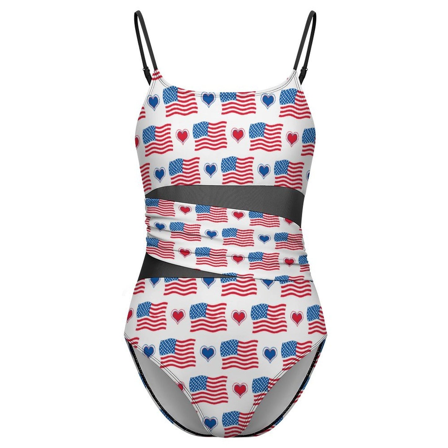 USA/American Flag Inspired Flag and Hearts & Flags Pattern Women's Square Neck Mesh Spliced One Piece Swimsuit