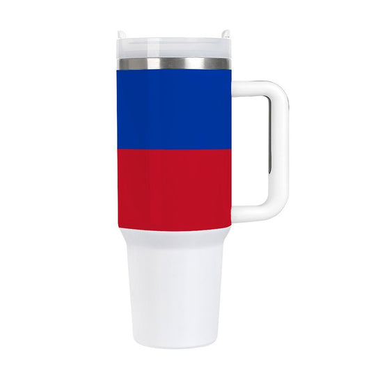 [Brand] mug with blue and red design, white handle.
