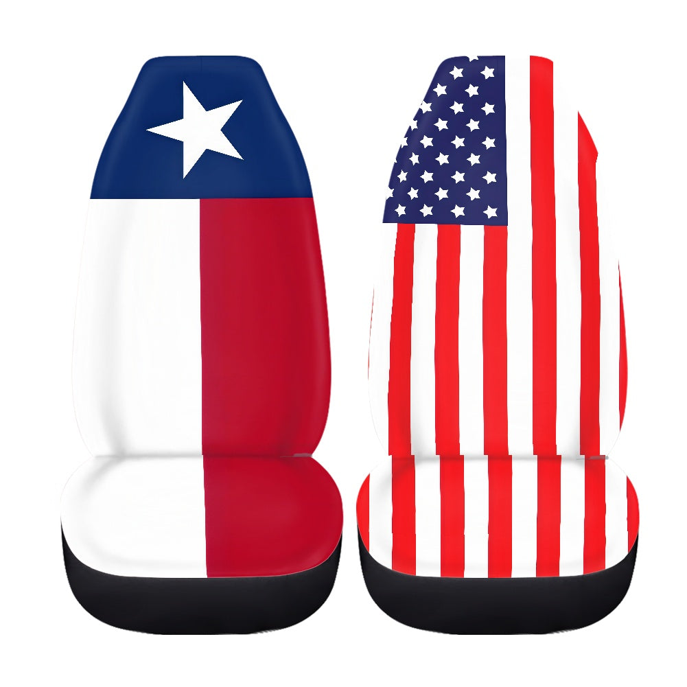 [Brand] car seats featuring Texas and American flag designs.