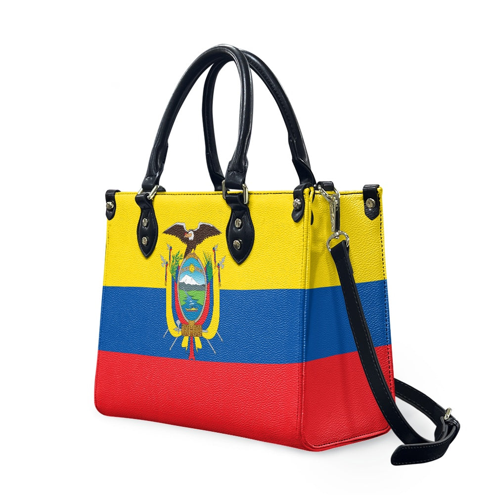 [Brand] handbag with Ecuador flag design and black straps.