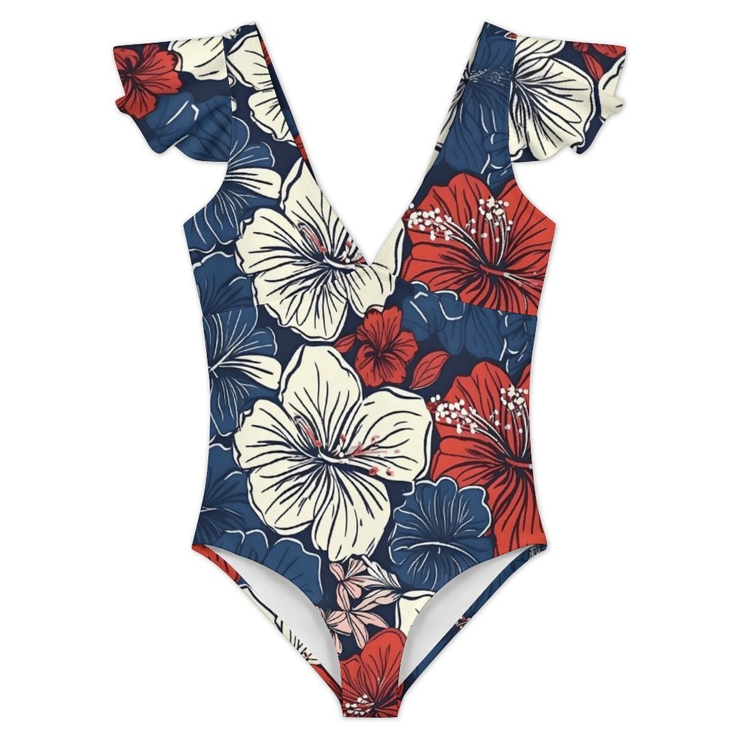 USA/American Flag Inspired Hawaiian Floral Pattern Women's V-neck Ruffle Sleeve One Piece Swimsuit