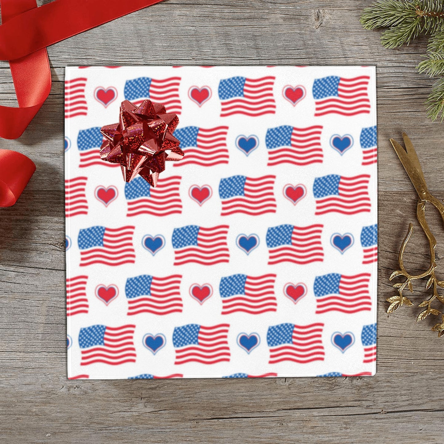 USA/American Flag Inspired Flag and Hearts Pattern Custom Gift Wrapping Paper 58"x 22.5" (4 Rolls)
