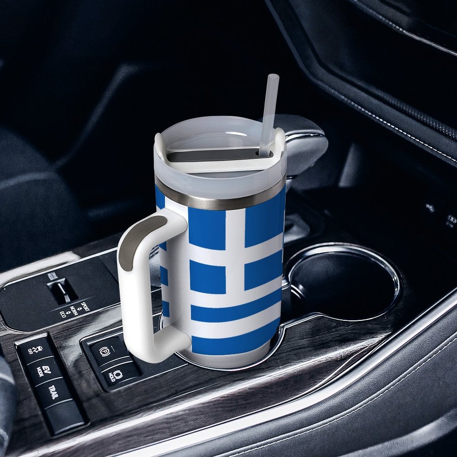 [Brand] mug with Greek flag design, in car holder.