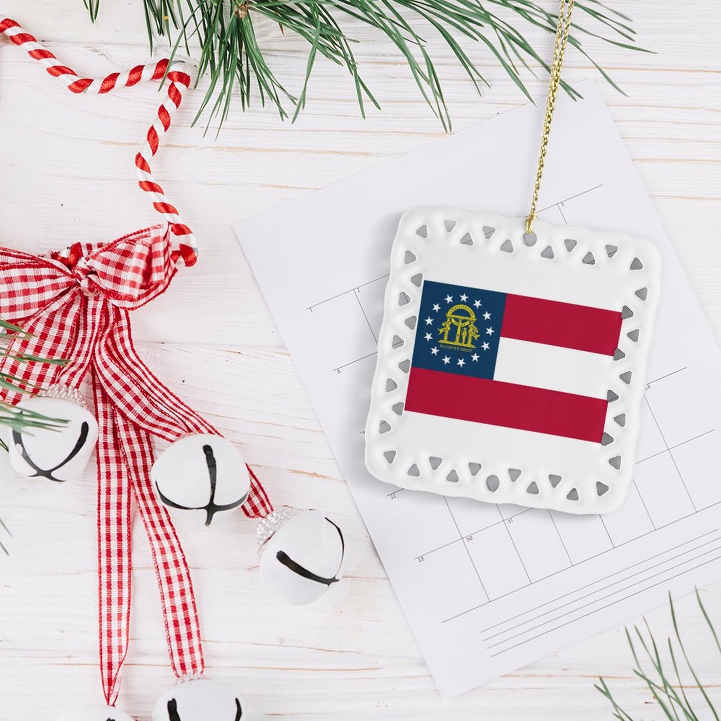 Georgia Flag Inspired Square Ceramic Ornament Made in the USA