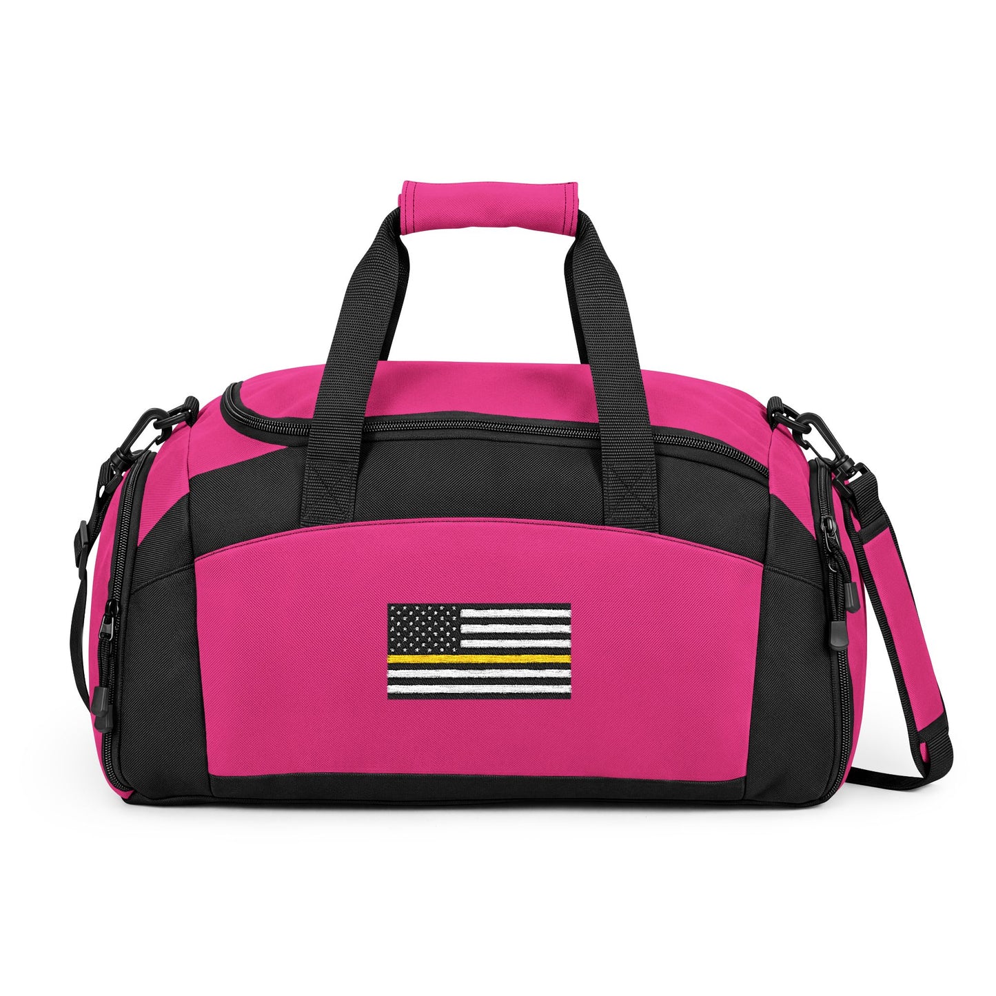 Thin Gold Line Flag Gym Bag — Black Duffle with Embroidered Thin Gold Line Flag