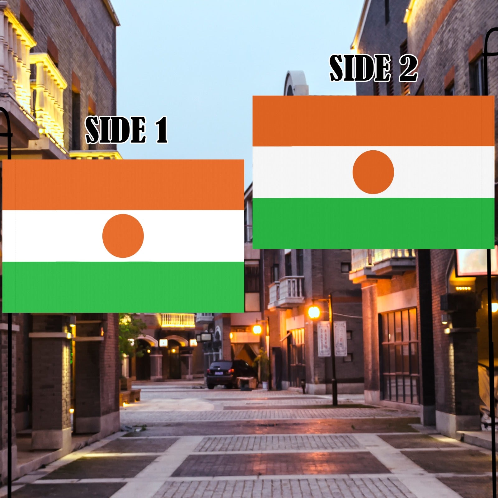 Street scene with two [Luv My Flag] Niger flags.