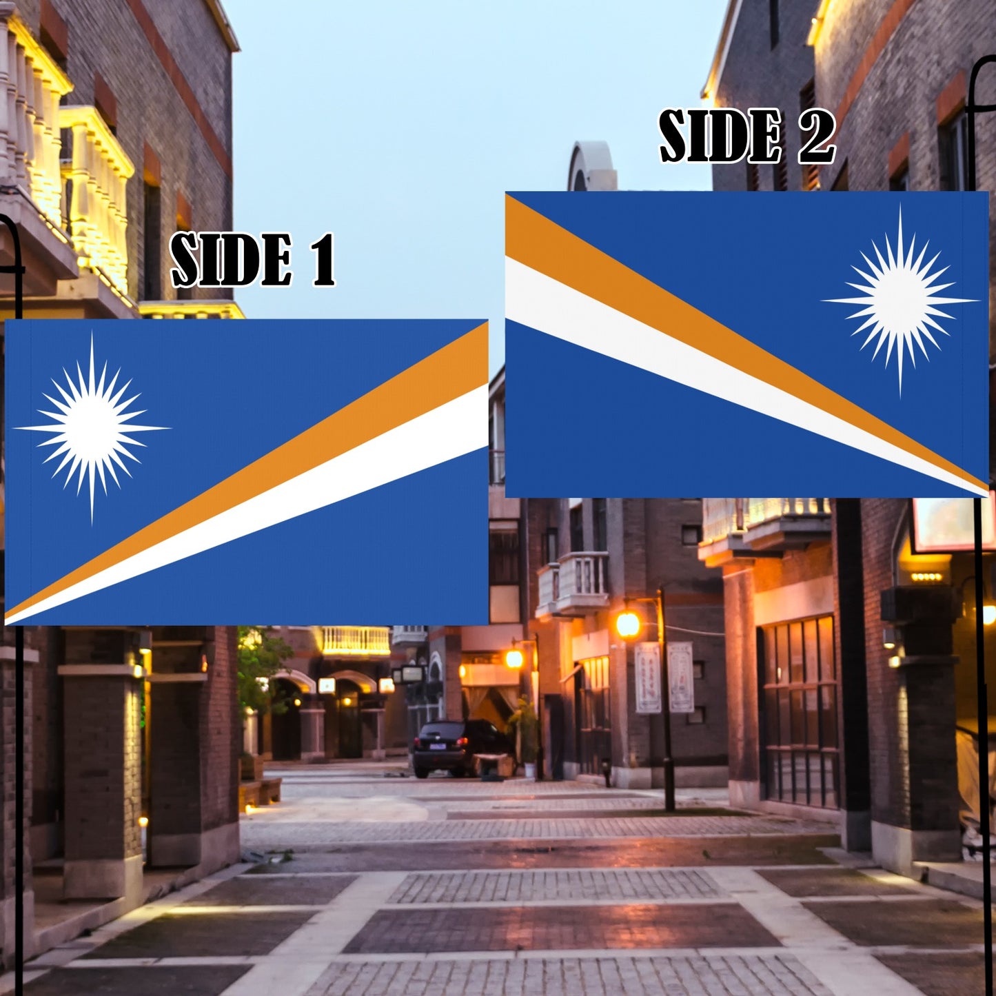 [Luv My Flag] Marshall Islands flags displayed on urban street.