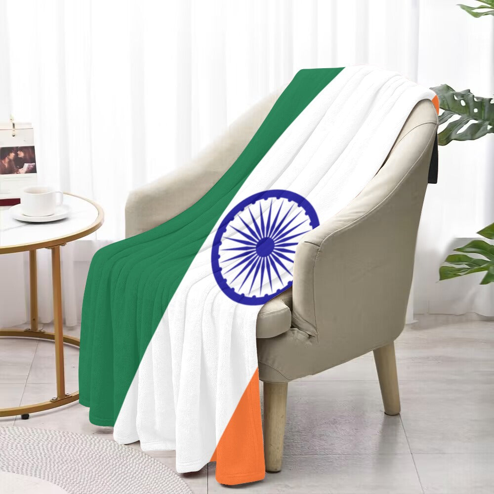 Luv My Flag blanket draped over chair, India-inspired design.