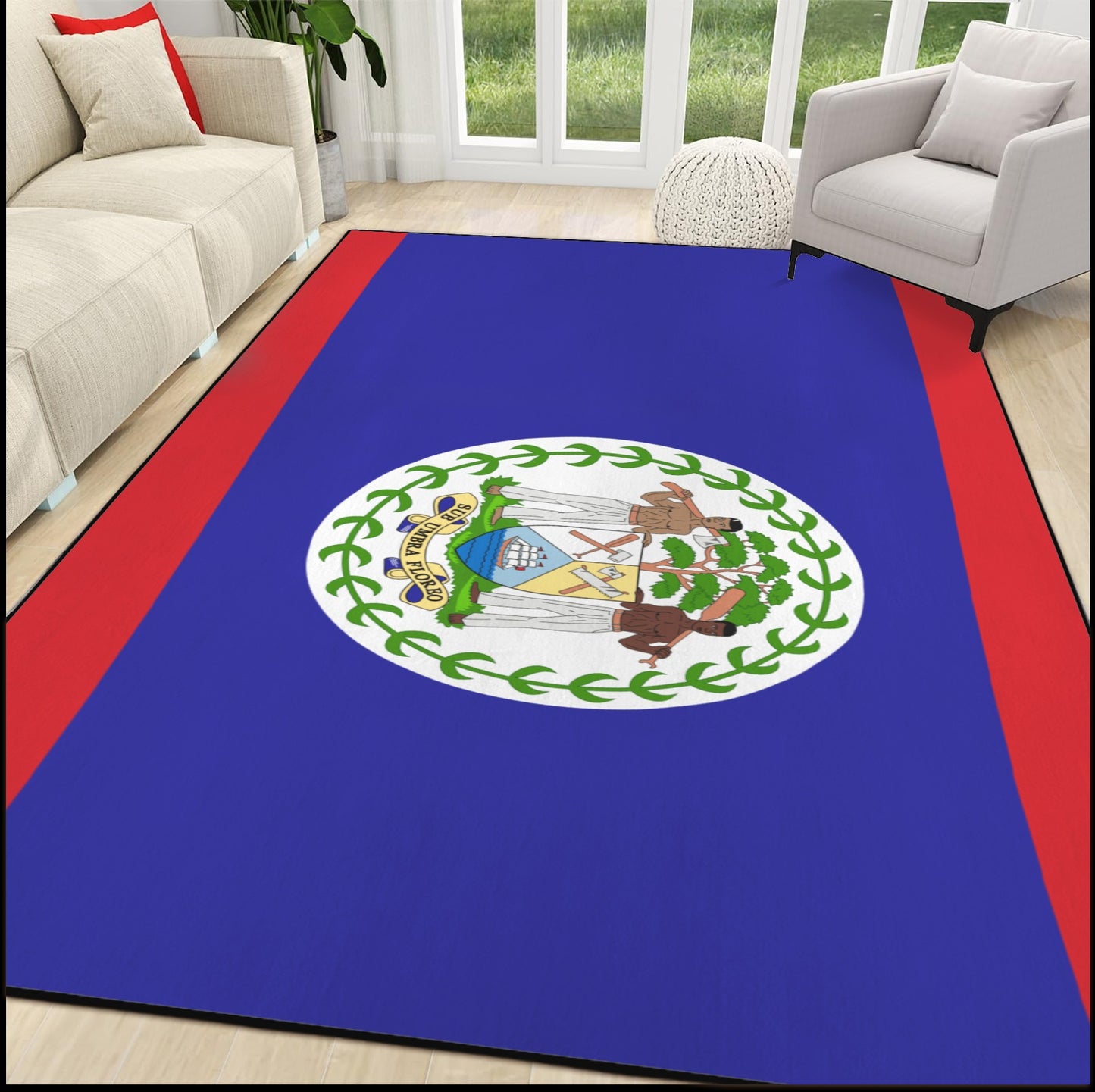 Belize Flag Inspired 84x60 Inch Area Rug with Black Binding (Made in the USA)