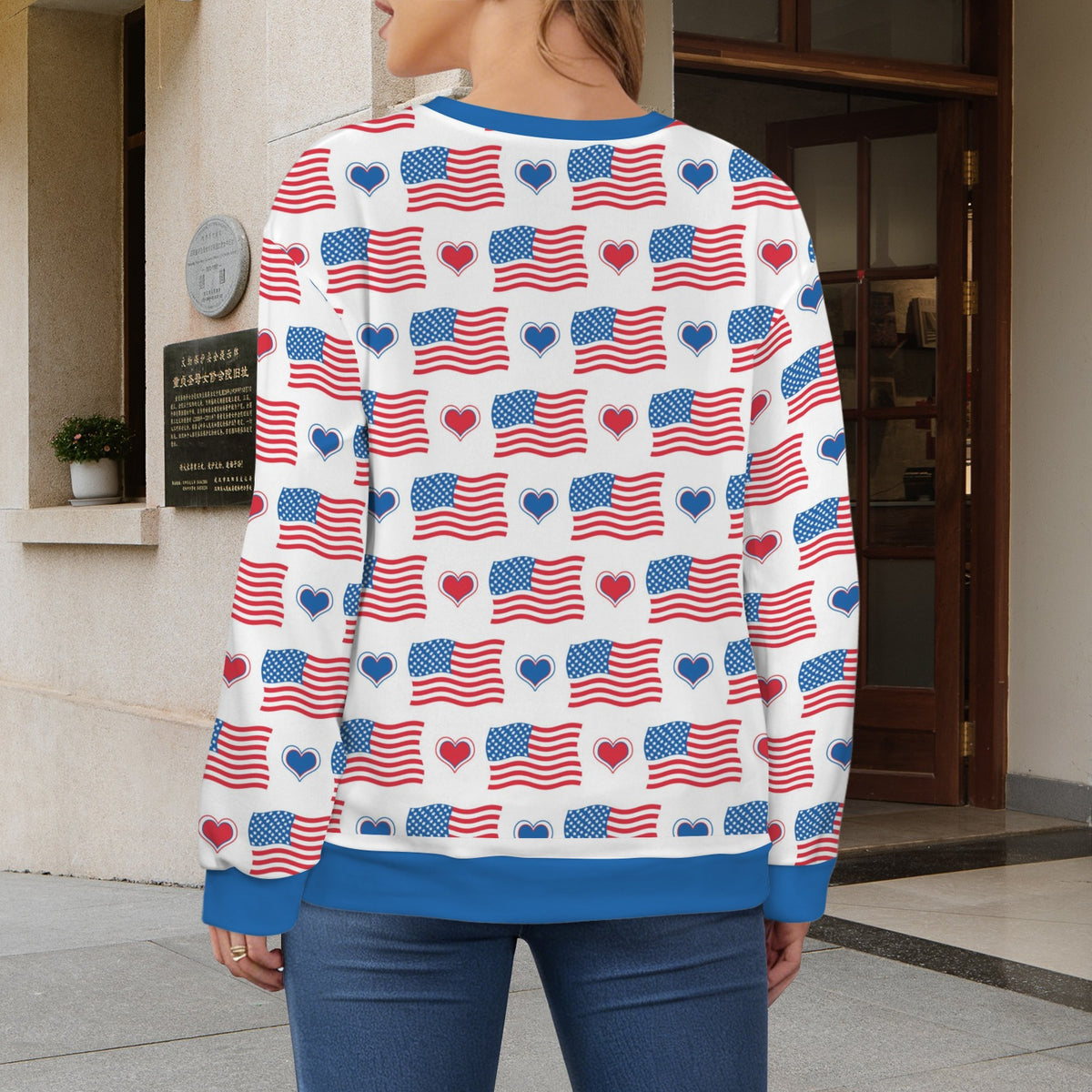 USA/American Flag Inspired Flag and Hearts Pattern Women's Crew Neck Sweater Printed in the USA
