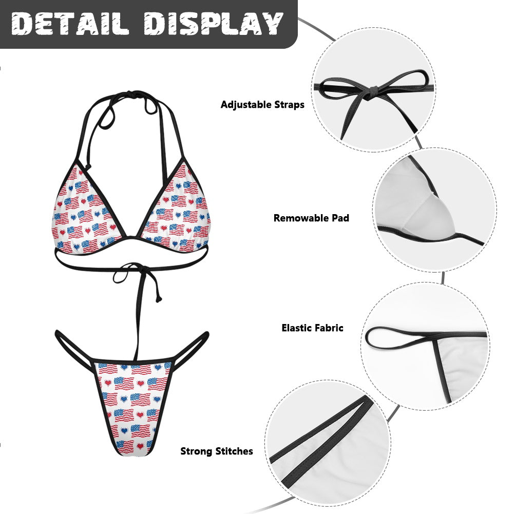USA/American Flag Inspired Flag & Hearts Pattern Women's Triangle Bikini with Thong Bottom